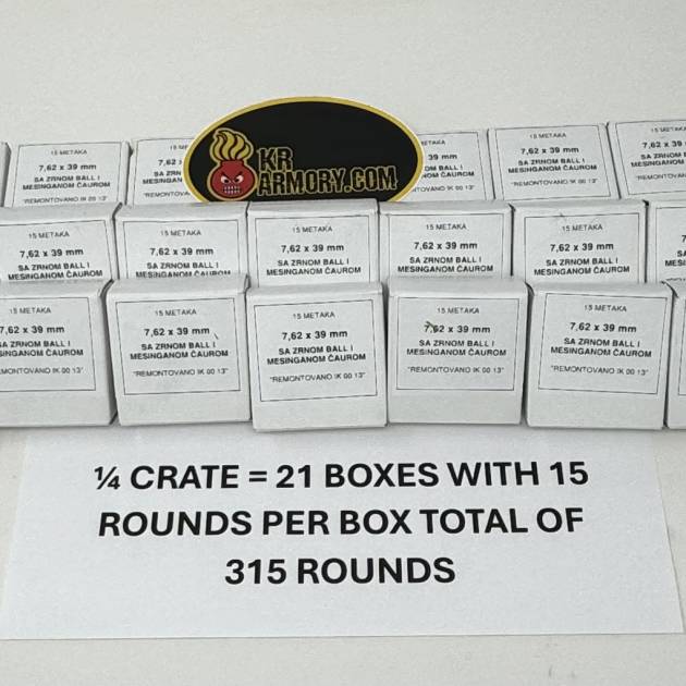 IGMAN  7.62 x 39mm 124 gr. FMJ M67 Ball, NON-CORROSIVE Brass Case, Berdan Primed SURPLUS   1/4 Crate 315 Rounds Hand packed - 21 boxes with 15 rounds per box