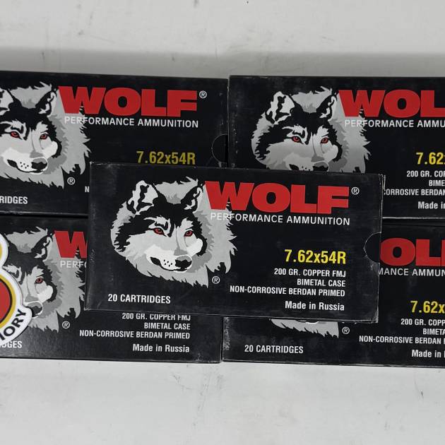 WOLF 7.62X54R  200 GR FMJ (100 ROUNDS / 5 BOXES OF 20)